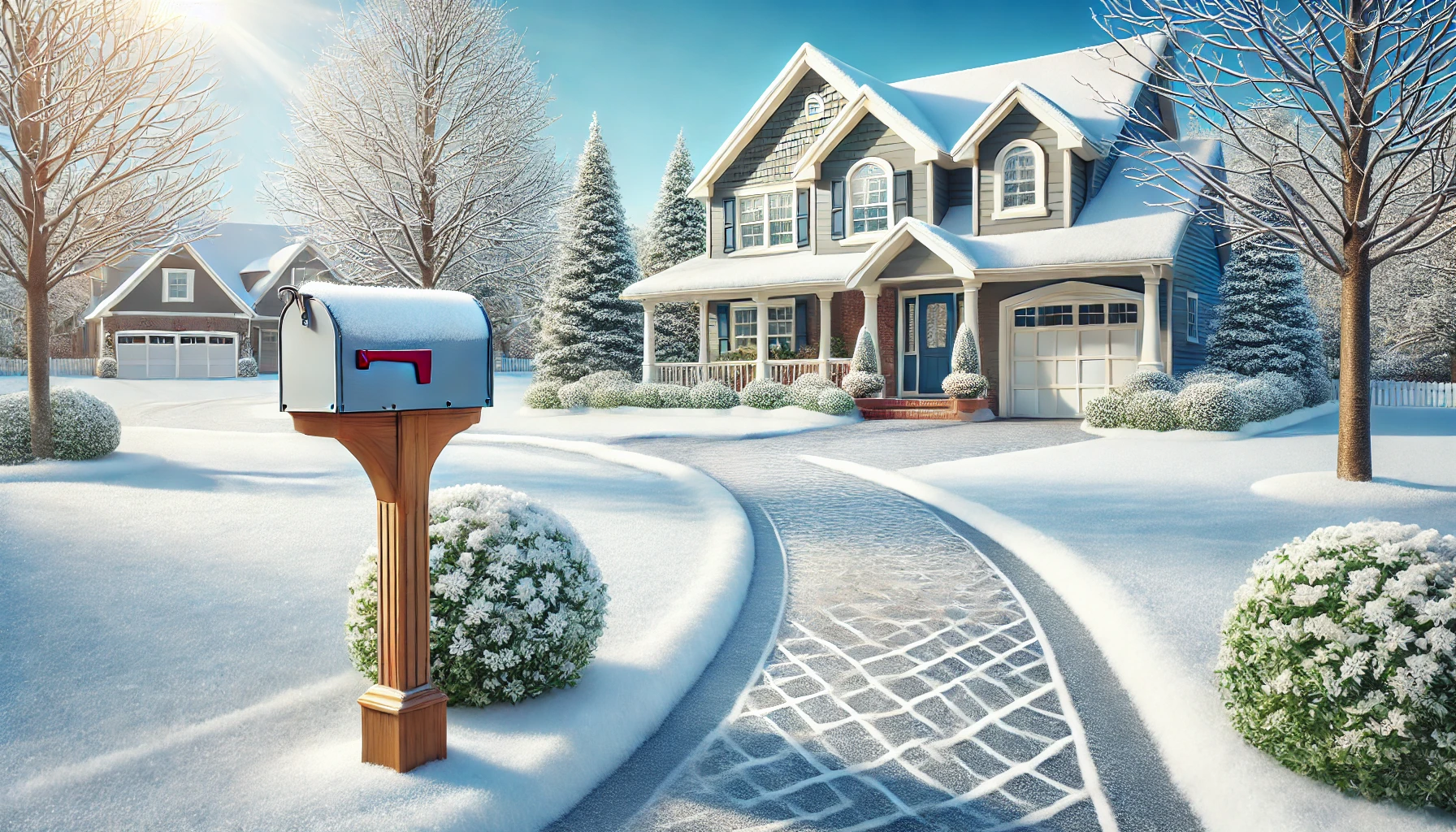 Snow-covered suburban neighborhood with a cleared driveway, cozy house, and mailbox under a bright winter sky